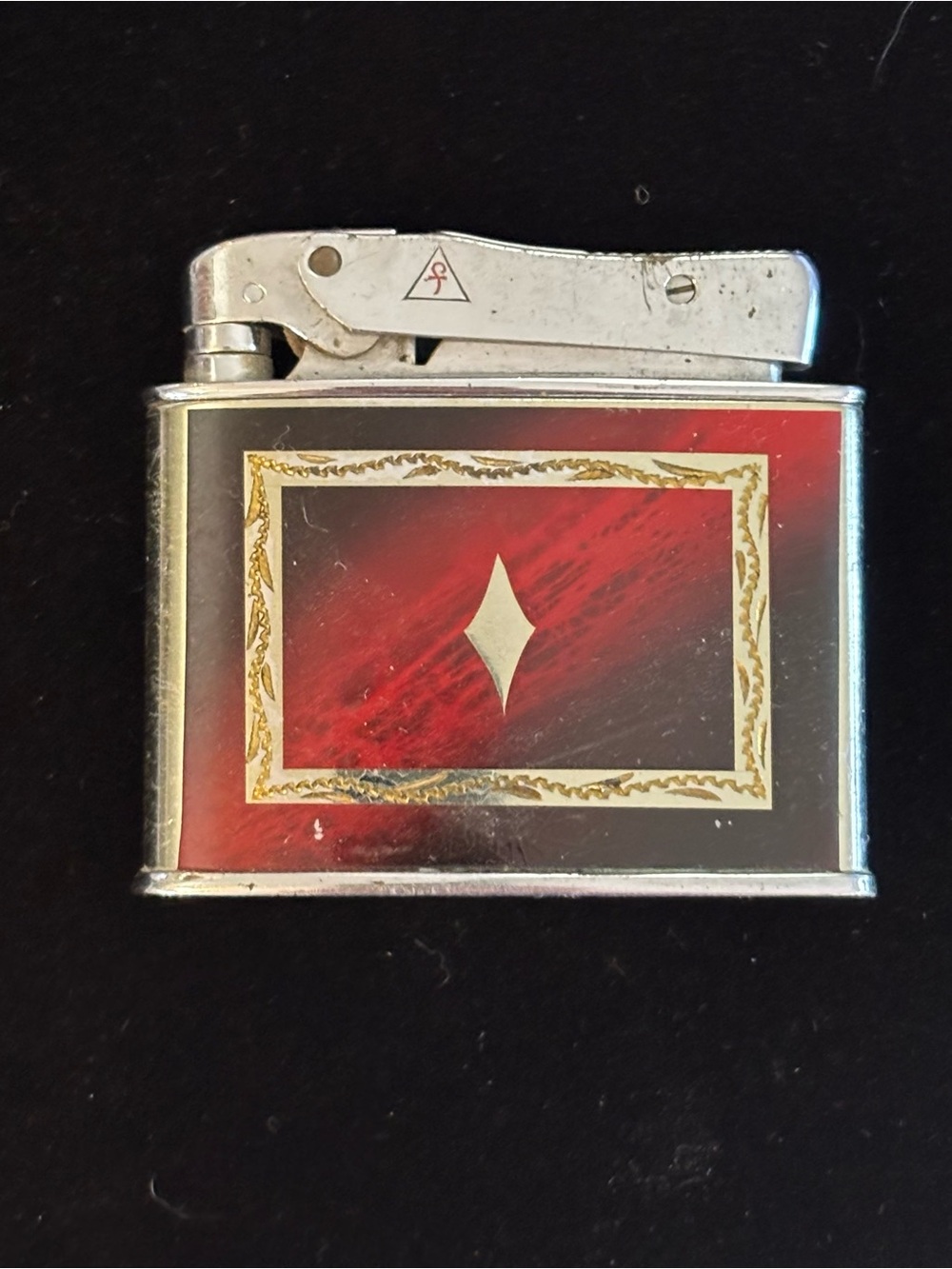 Vintage Japan “Fire-Lite” Silver Red Enamel Table Lighter with Gold Trim